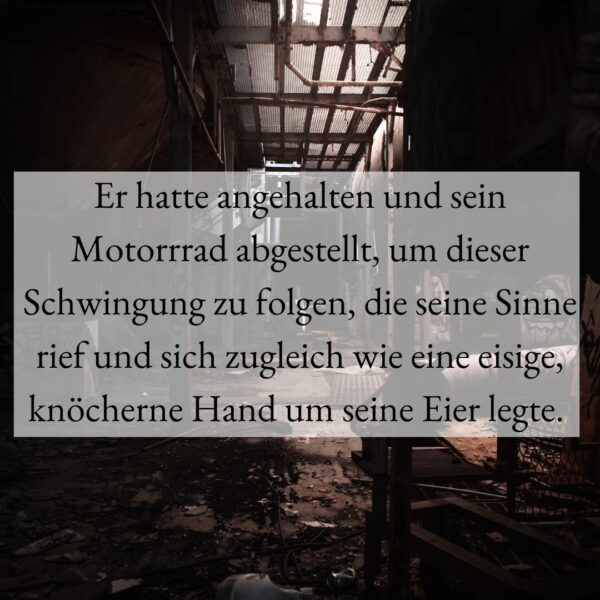 Er hatte angehalten und sein Motorrrad abgestellt, um dieser Schwingung zu folgen, die seine Sinne rief und sich zugleich wie eine eisige, knöcherne Hand um seine Eier legte.