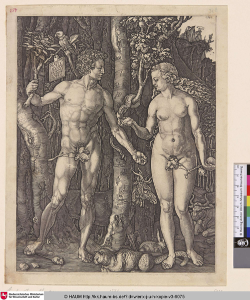 Adam und Eva, "Der Sündenfall" von Jan Wierix. Zeichnung.