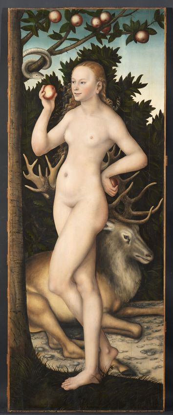 Eva - Bild von Lucas Cranach: Eva steht nackt mit dem Apfel in der Hand im Paradies vor dem Baum der Erkenntnis. Die Schlange schlängelt sich um einen Ast.