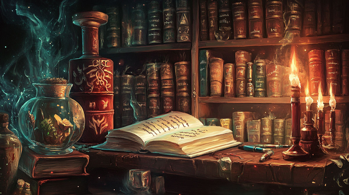 Über das Schreiben | Header Deko: KI-Bild: altes Buch liegt auf Tisch vor antiker Bücherwand