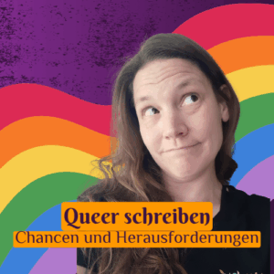 Queer schreiben, Chancen und Herausforderungen, Autorin Sonja Tornefeld vor lila Hintergrund mit Regenbogenfahne