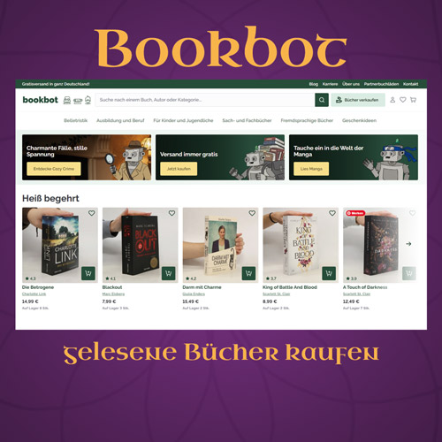 Blogtitel: Bookbot gelesene Bücher kaufen, zeigt Screenshot von Bookbot auf lila Grund