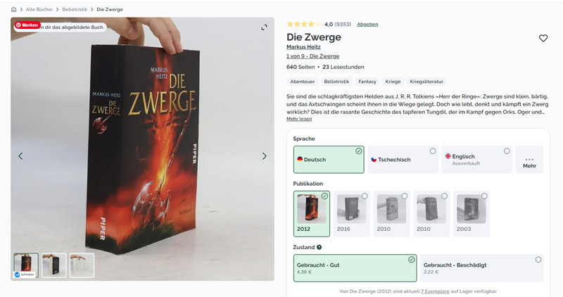 Bookbot Artikelansicht von "Die Zwerge" von Markus Heitz. Links das Bild, rechts die Informatruionen zum Artikel mit Tags, Klappentext und Infor zum Zustand des Buches.