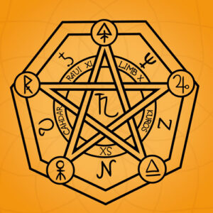 Pentagramm dämonische Symbole - Titelbild zeigt ein Pentagramm auf gelbem Hintergrund, Info siehe Text