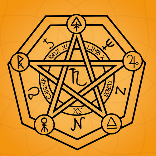 Pentagramm dämonische Symbole - Titelbild zeigt ein Pentagramm auf gelbem Hintergrund, Info siehe Text