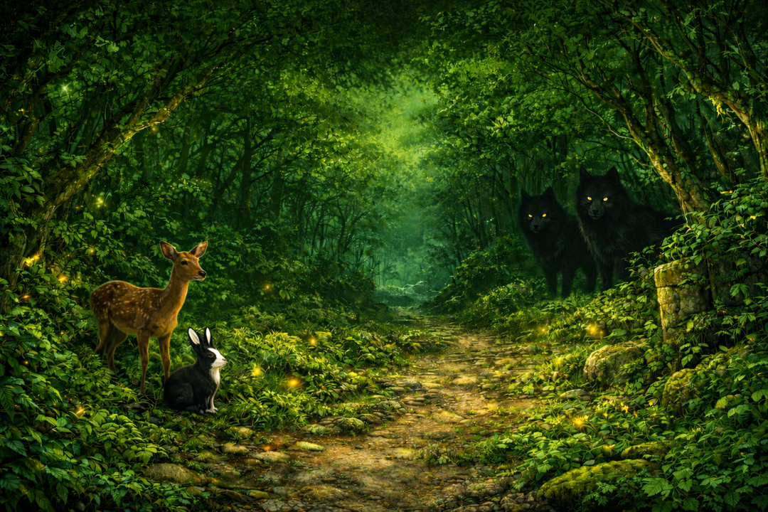 Hintergrundbild Artwork "Die Kalimba der Zeit" von C.F. Storms: Eine grüne Waldlandschaft mit Tunnelblick, links lugen ein Reh und ein Hase aus dem Dickicht; rechts zwei schwarze Wölfe.