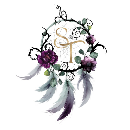 Logo Sonja Tornefeld - ein dornenumrankter Traumfänger mit lila Blüten