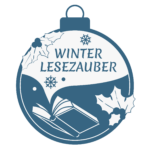Logo Winterlesezauber: Eine Christbaumkugel in graublau-weiß mit der Schruft "Winterlesezauber" und der Illustration von einem Buch und Blättern