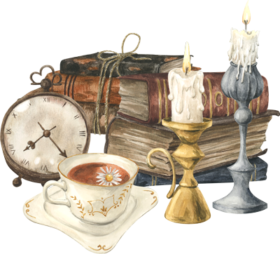 Watercolour pile of books, candles, cup of tea, clock in a 19th century cozy style