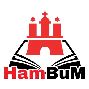 HamBuM Logo mit einem aufgeklappten Buch und dem roten Schloss mit drei Türmen als Zeichen für Hamburg