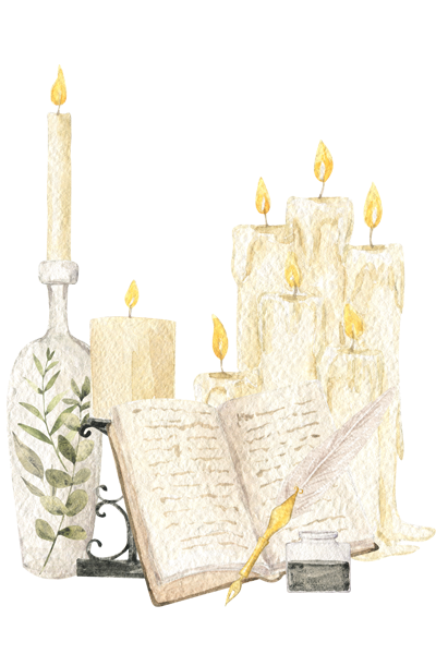 Cozy Herbst Schmuckbild, mit Wasserfarbe gemalt: Ein Buch und Schreibfeder im Vordergrund, dahinter brennende Kerzen
