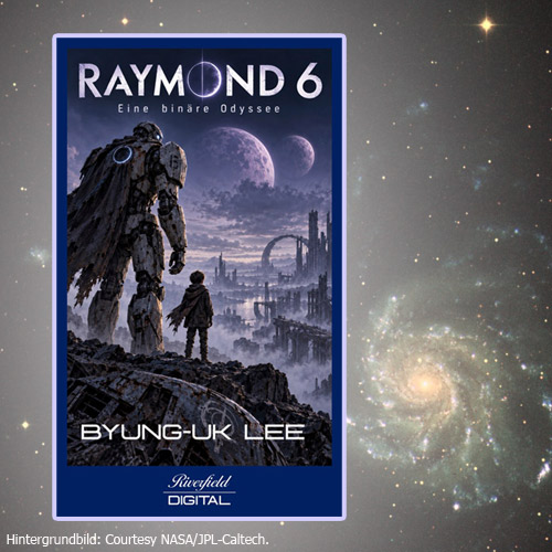 Blogtitelbild: Buchcover von "Raymond 6. Eine binäre Odysse" von Byung-uk Lee als Montage vor einem Bild der Galaxis, das von der NASA stammt. Das Buchcover ist in Blau- und Violetttönen gehalten und zeigt einen übergroßen Roboter und ein Kind vor einer dystopischen Landschaft. Am Horizont sind Planeten sichtbar.